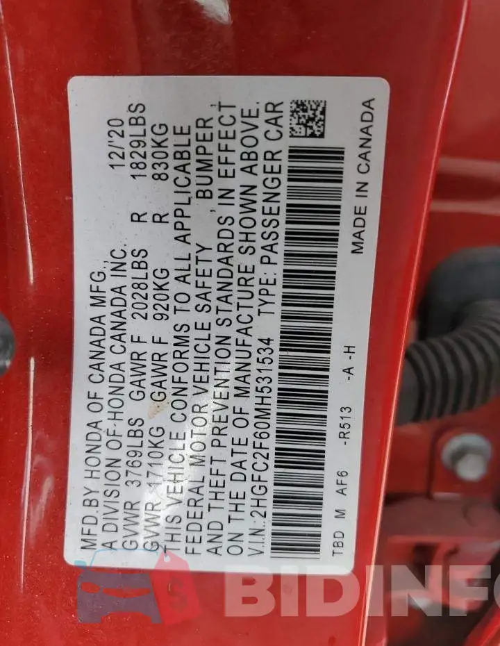 2HGFC2F60MH531534 Photo# 12