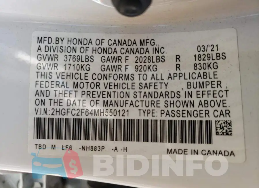 2HGFC2F64MH550121 Photo# 13