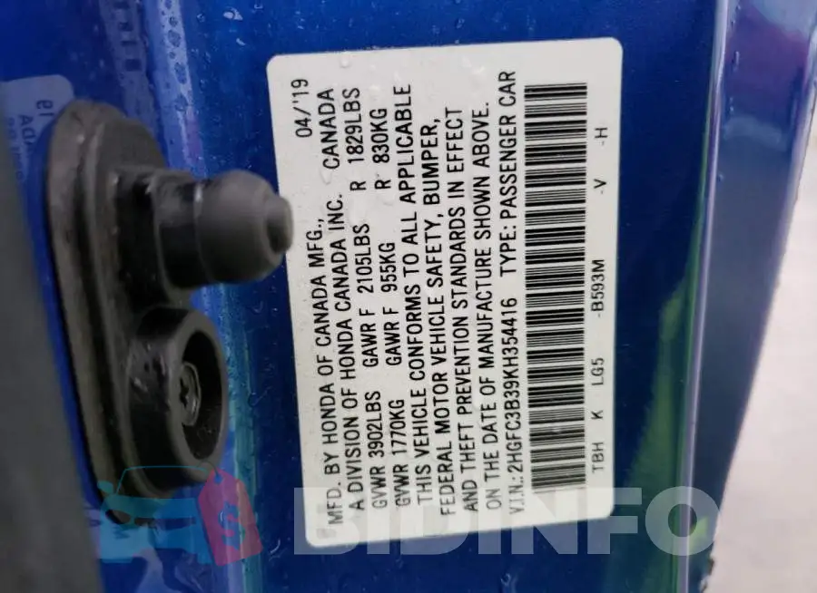 2HGFC3B39KH354416 Photo# 12