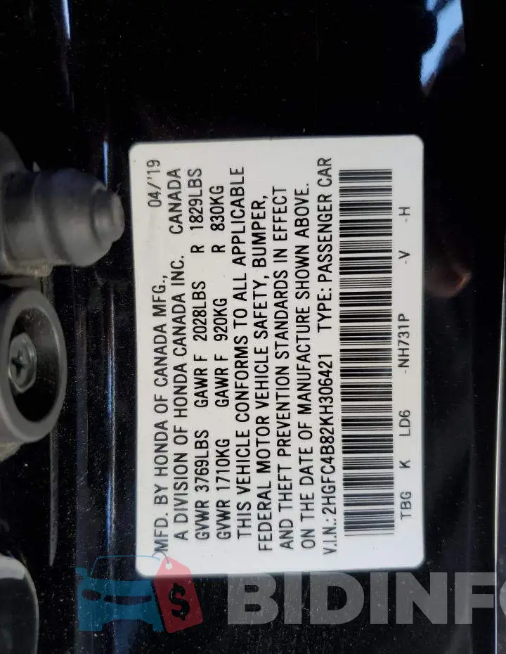 2HGFC4B82KH306421 Photo# 13