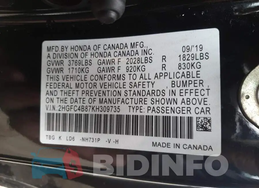 2HGFC4B87KH309735 Photo# 12