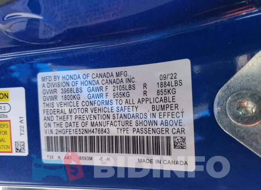 2HGFE1E52NH476843 Photo# 12