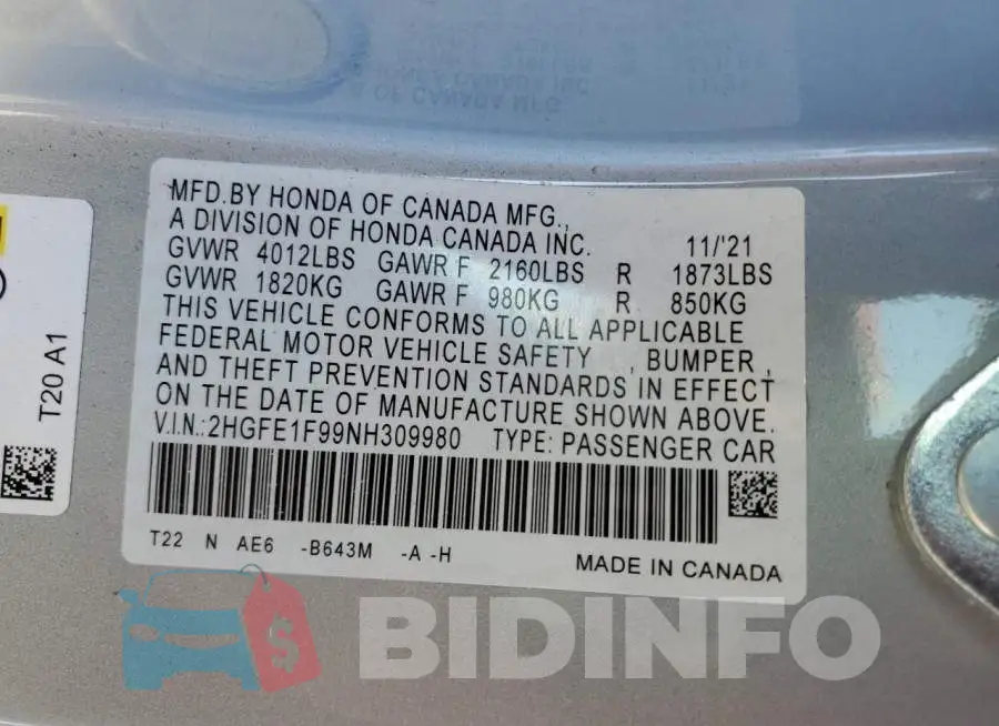 2HGFE1F99NH309980 Photo# 12
