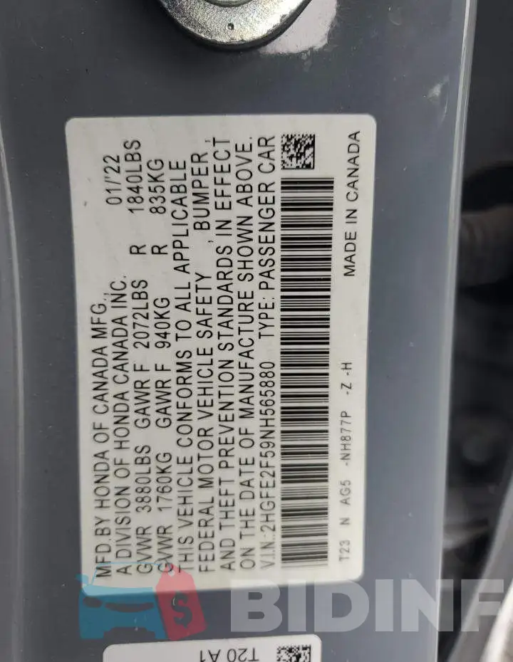 2HGFE2F59NH565880 Photo# 12