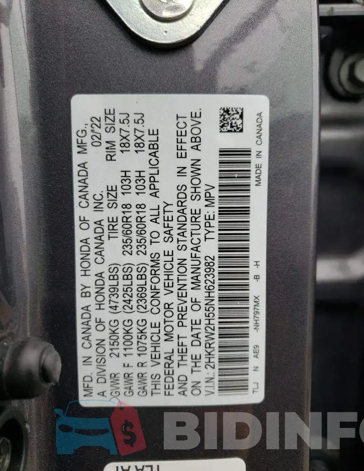 2HKRW2H55NH623982 Photo# 14