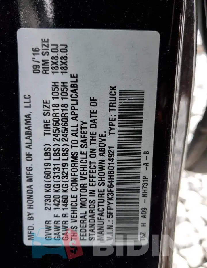 5FPYK3F64HB014921 Photo# 12