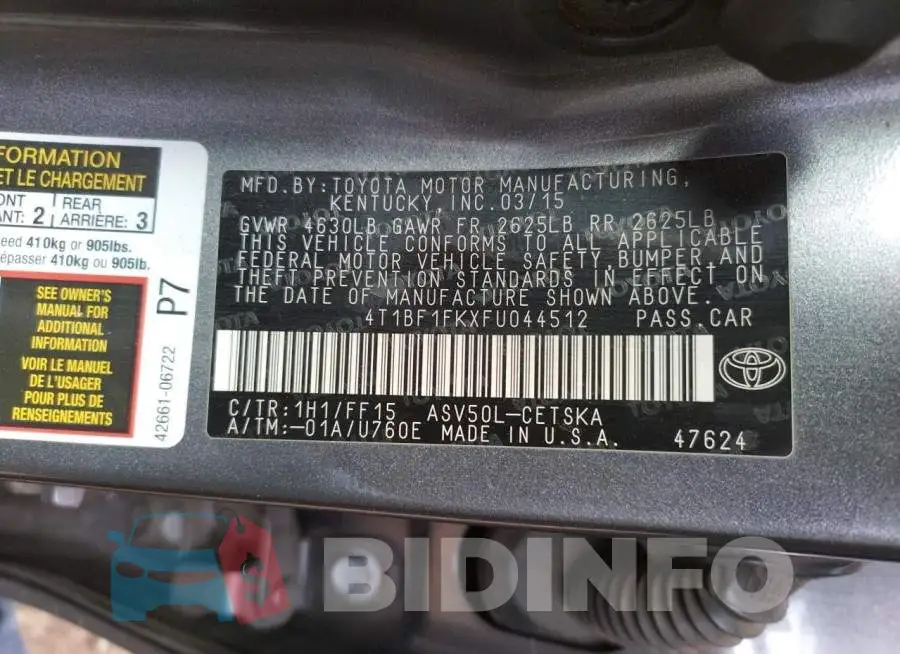 4T1BF1FKXFU044512 Photo# 13