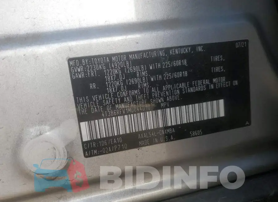 4T3B6RFV1MU044010 Photo# 14