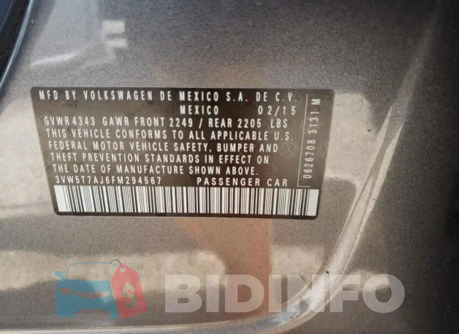 3VW5T7AJ6FM294567 Photo# 12