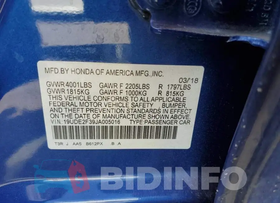 19UDE2F39JA005016 Photo# 12