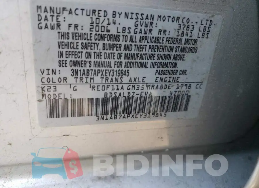 3N1AB7APXEY319845 Photo# 13