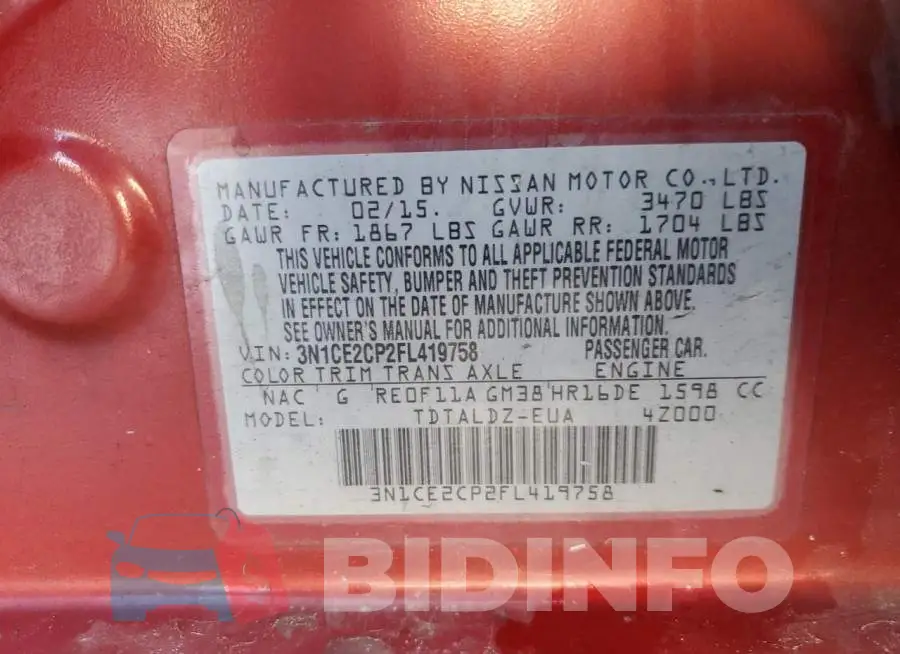 3N1CE2CP2FL419758 Photo# 12
