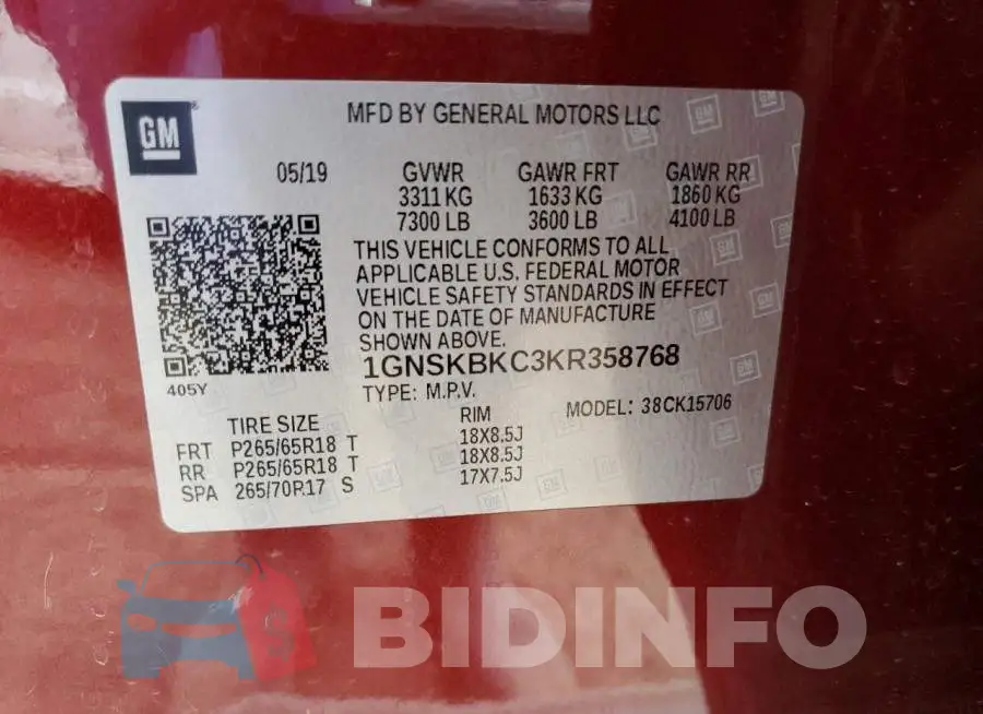 1GNSKBKC3KR358768 Photo# 13