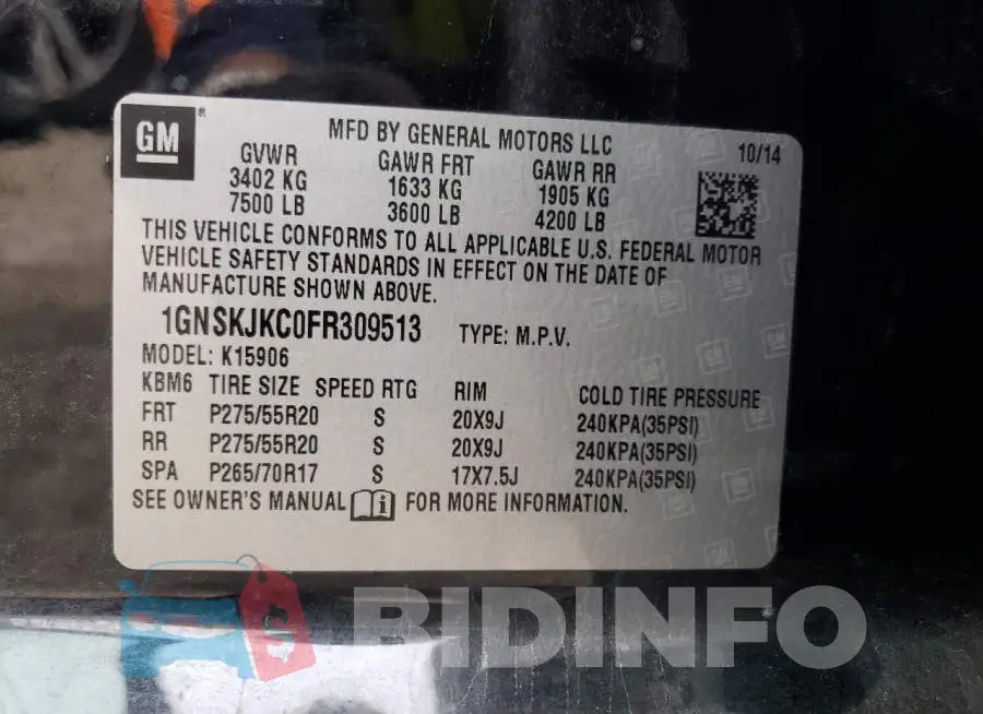 1GNSKJKC0FR309513 Photo# 10