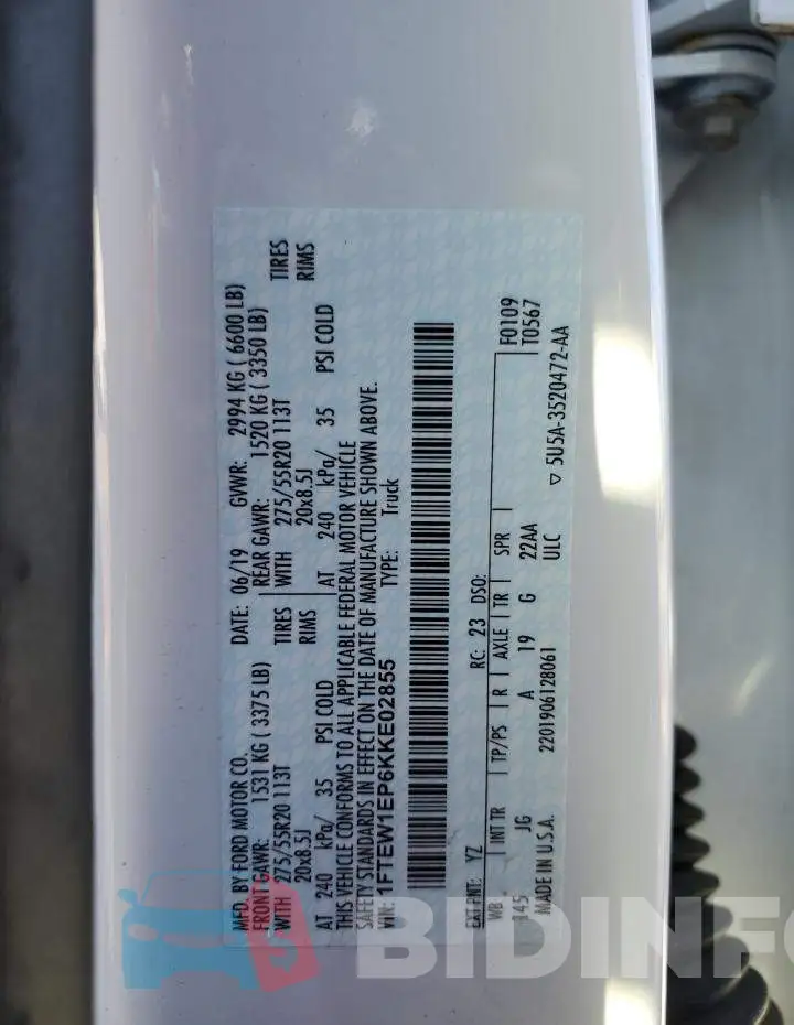 1FTEW1EP6KKE02855 Photo# 12