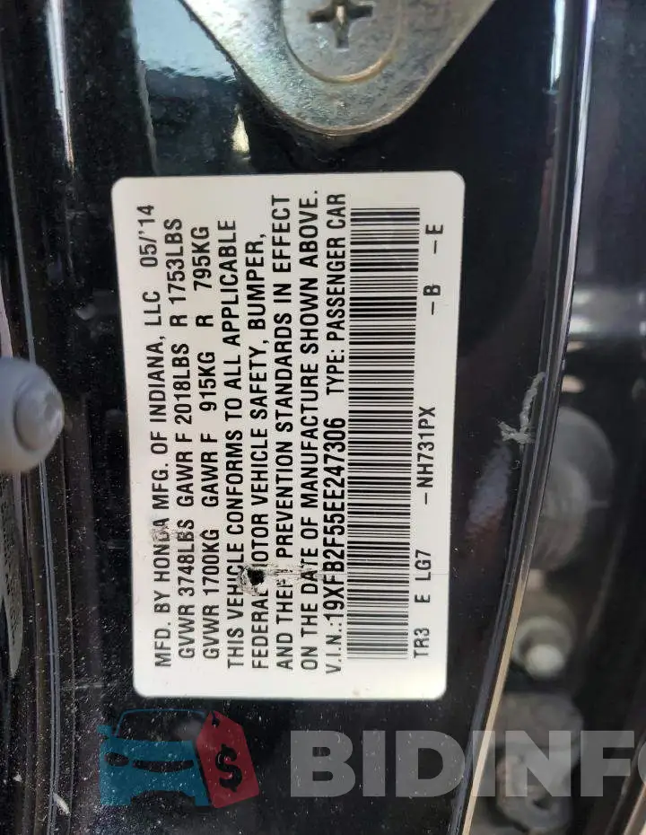 19XFB2F55EE247306 Photo# 12