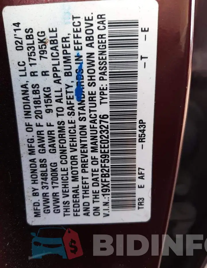 19XFB2F59EE023276 Photo# 12