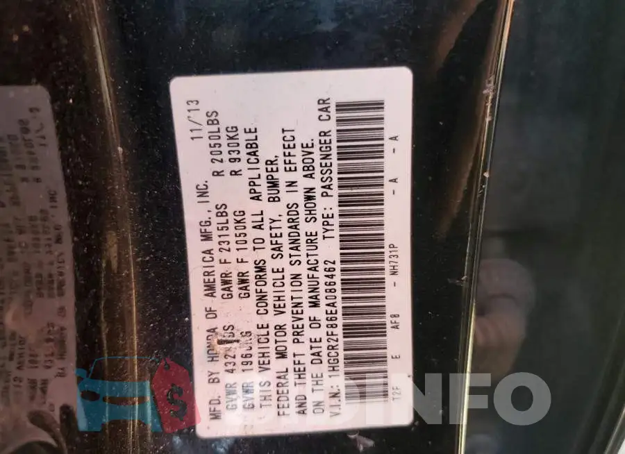 1HGCR2F86EA086462 Photo# 12