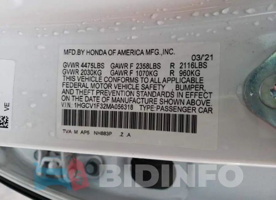 1HGCV1F32MA056318 Photo# 12