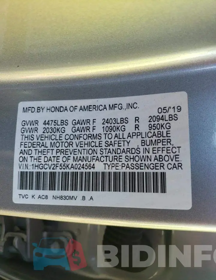 1HGCV2F55KA024564 Photo# 10