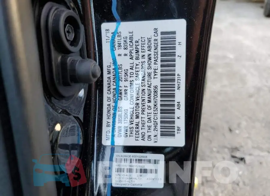 2HGFC1E52KH700856 Photo# 12