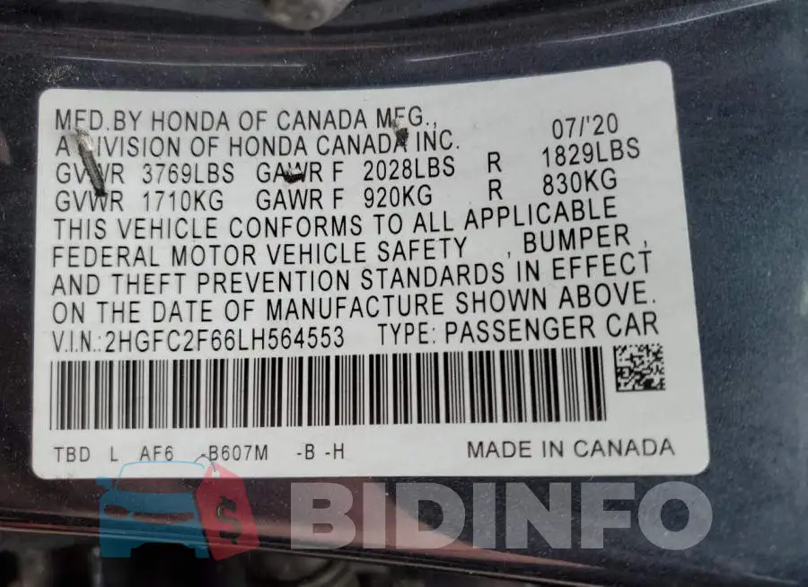 2HGFC2F66LH564553 Photo# 12
