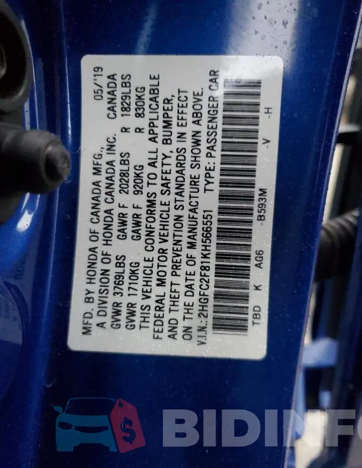 2HGFC2F81KH566551 Photo# 12