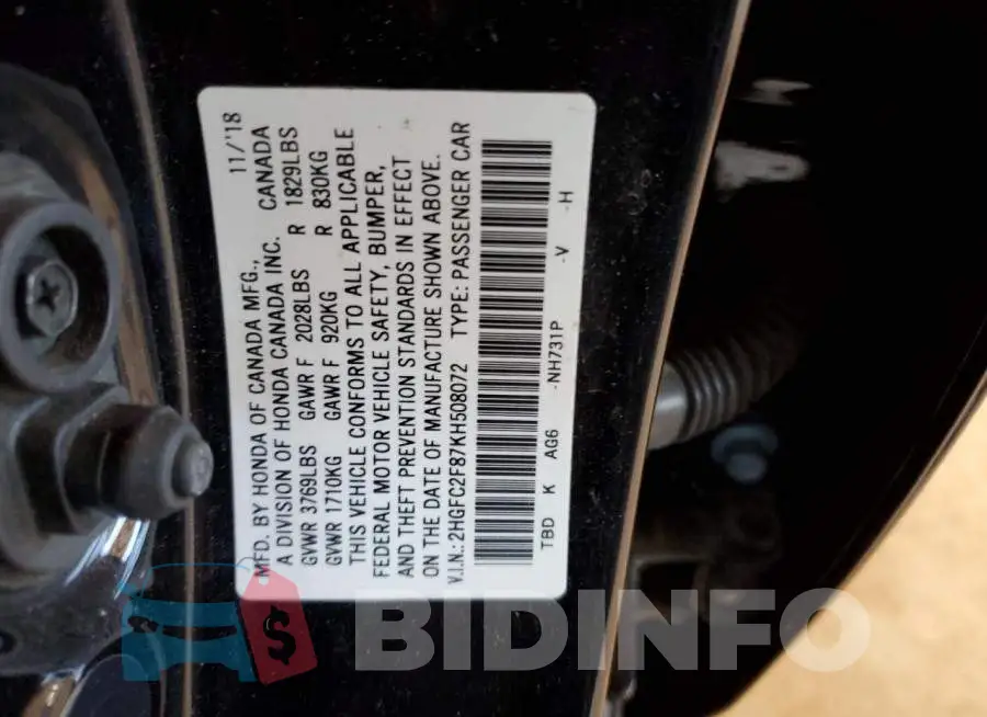 2HGFC2F87KH508072 Photo# 13