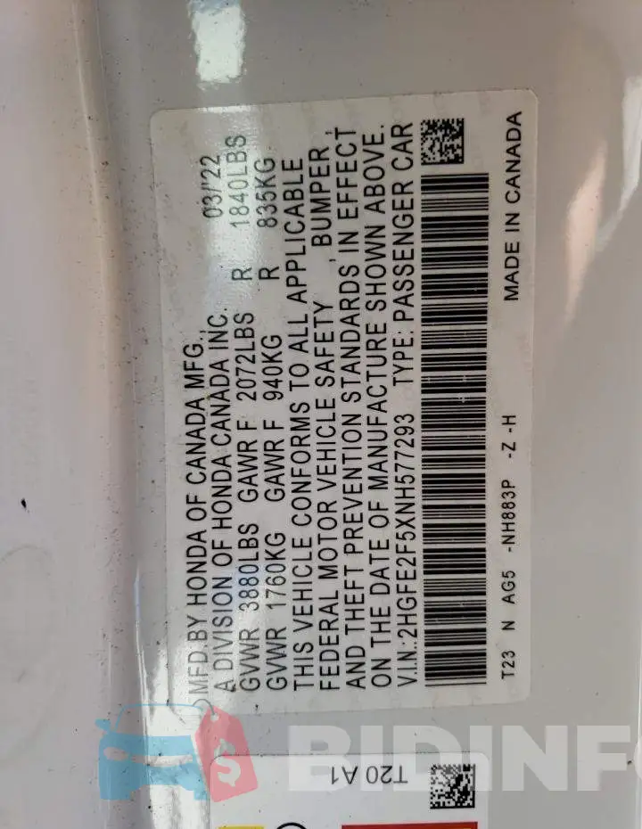 2HGFE2F5XNH577293 Photo# 13