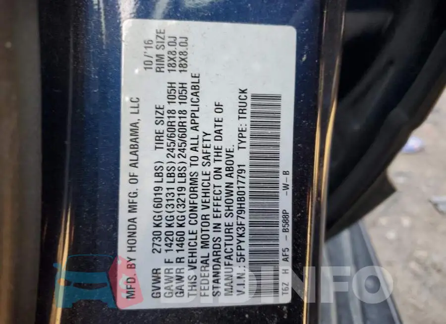 5FPYK3F79HB017791 Photo# 13