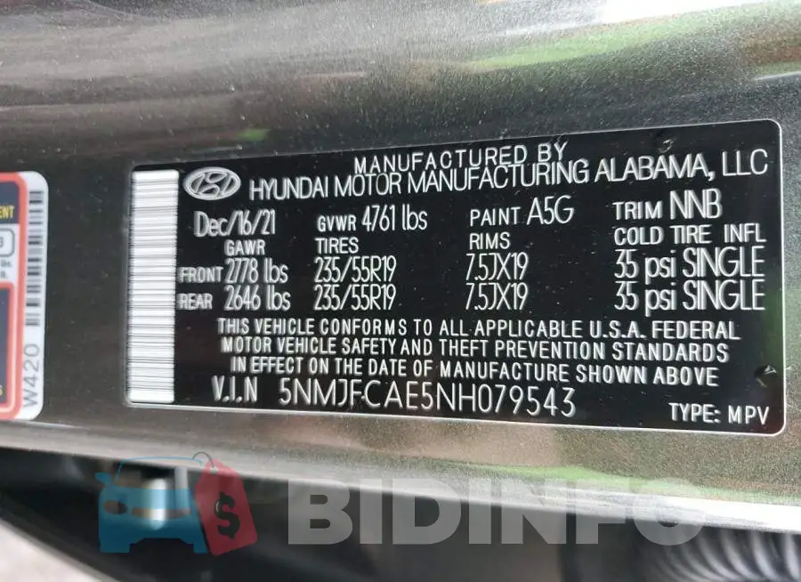 5NMJFCAE5NH079543 Photo# 12