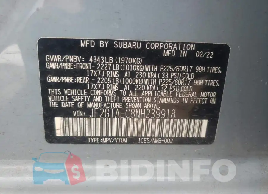 JF2GTAEC8NH239918 Photo# 13