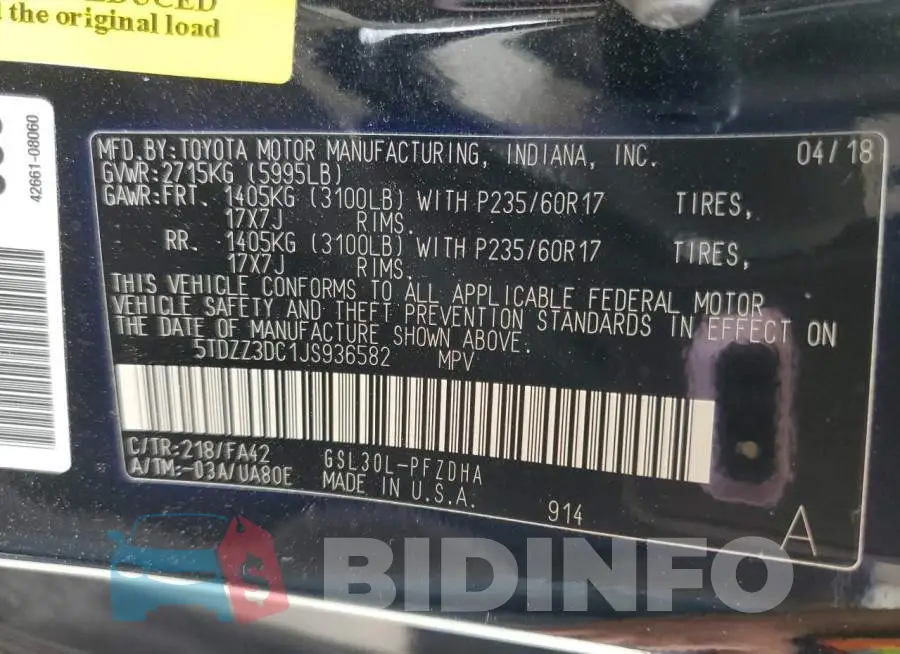 5TDZZ3DC1JS936582 Photo# 13