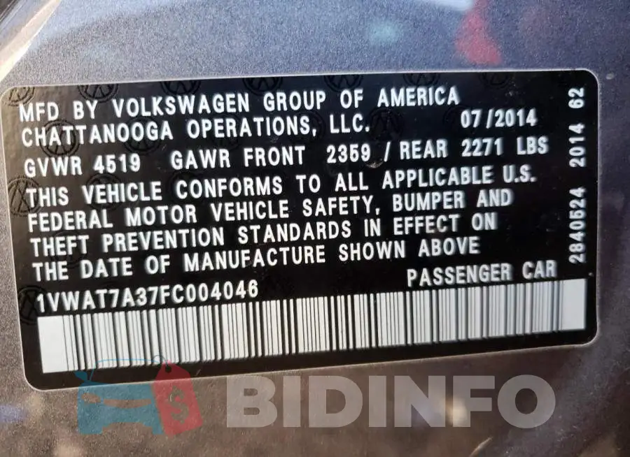 1VWAT7A37FC004046 Photo# 12