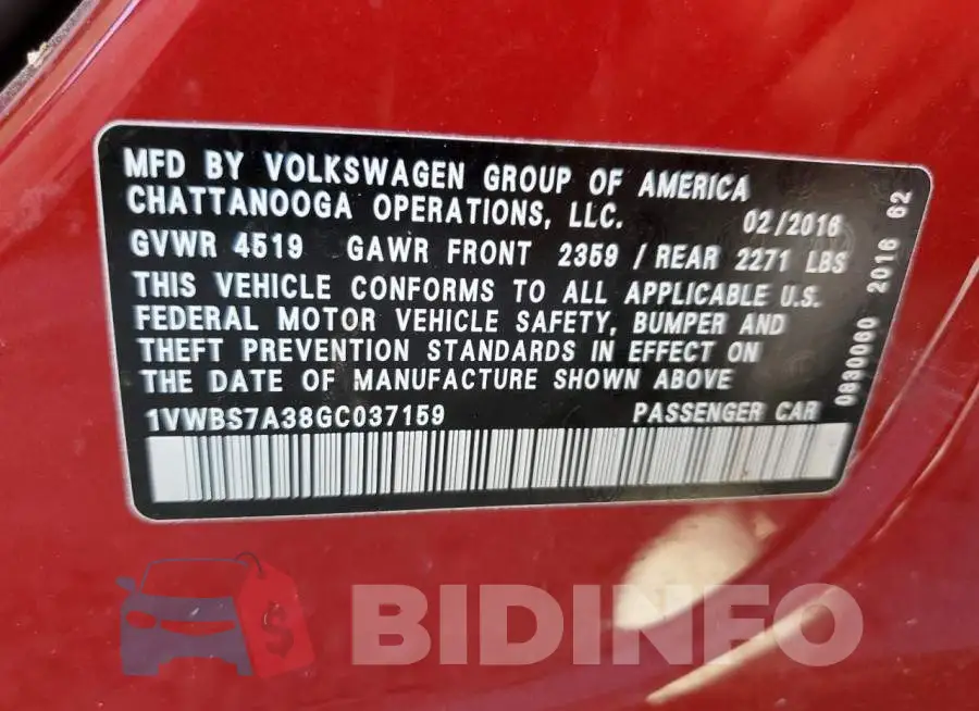 1VWBS7A38GC037159 Photo# 13