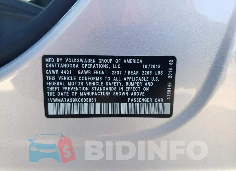1VWMA7A39KC005051 Photo# 12
