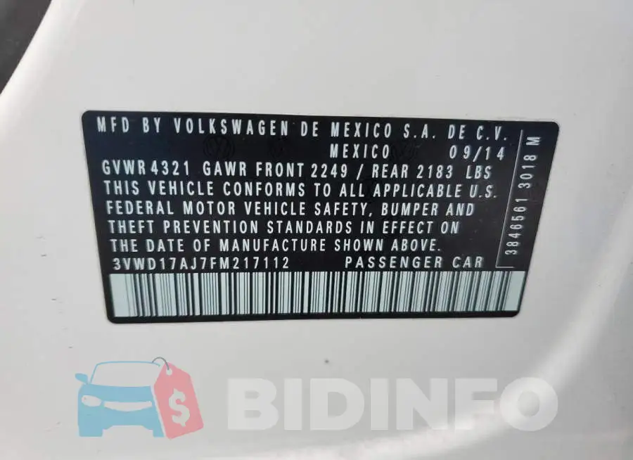 3VWD17AJ7FM217112 Photo# 12
