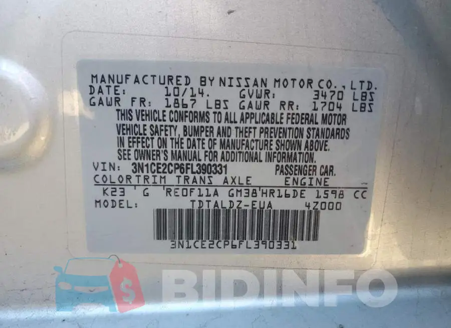3N1CE2CP6FL390331 Photo# 12