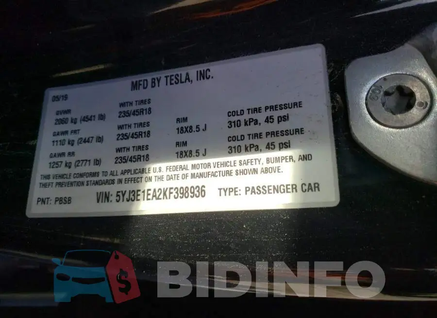 5YJ3E1EA2KF398936 Photo# 12