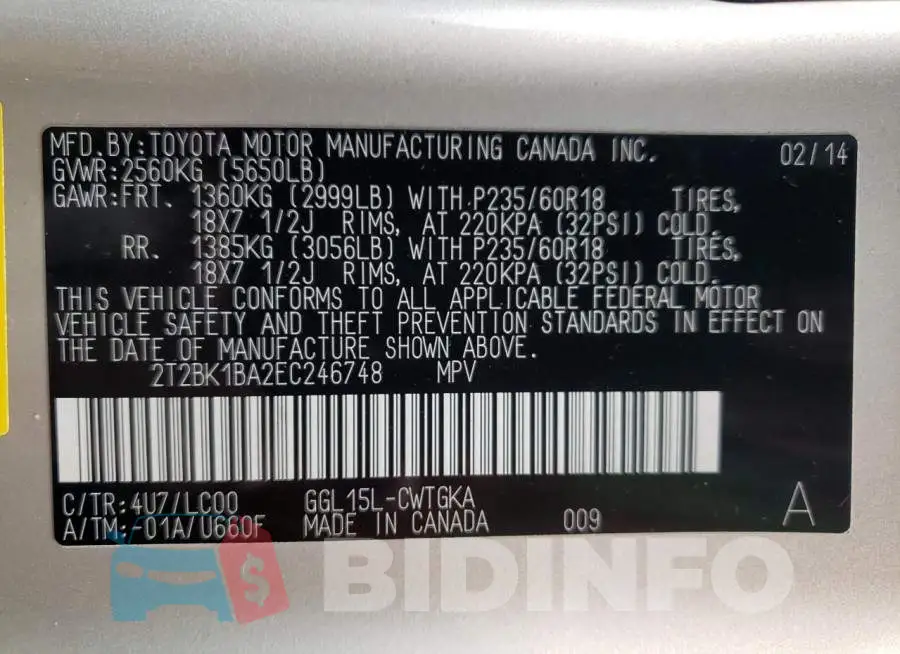2T2BK1BA2EC246748 Photo# 12