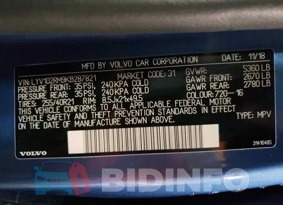 LYV102RM9KB287821 Photo# 13
