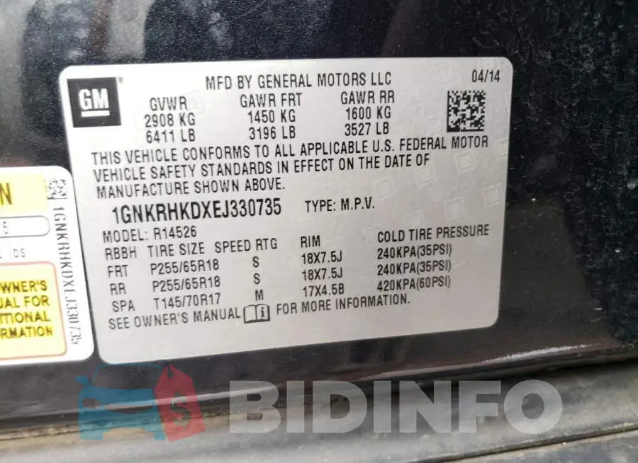 1GNKRHKDXEJ330735 Photo# 12