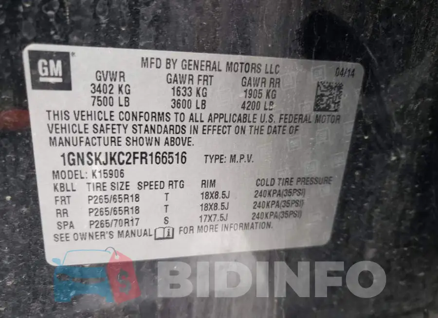 1GNSKJKC2FR166516 Photo# 13