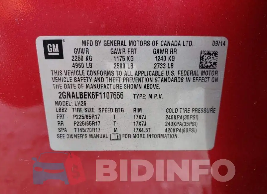 2GNALBEK6F1107656 Photo# 13