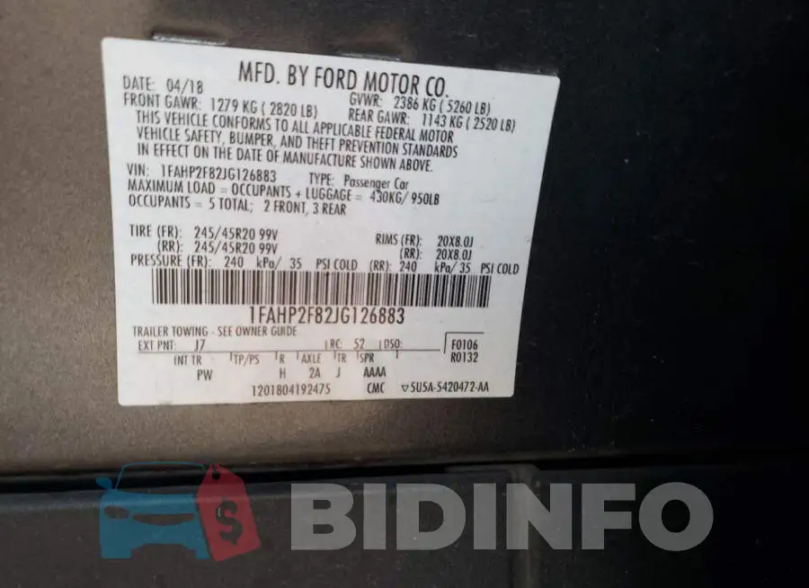 1FAHP2F82JG126883 Photo# 13