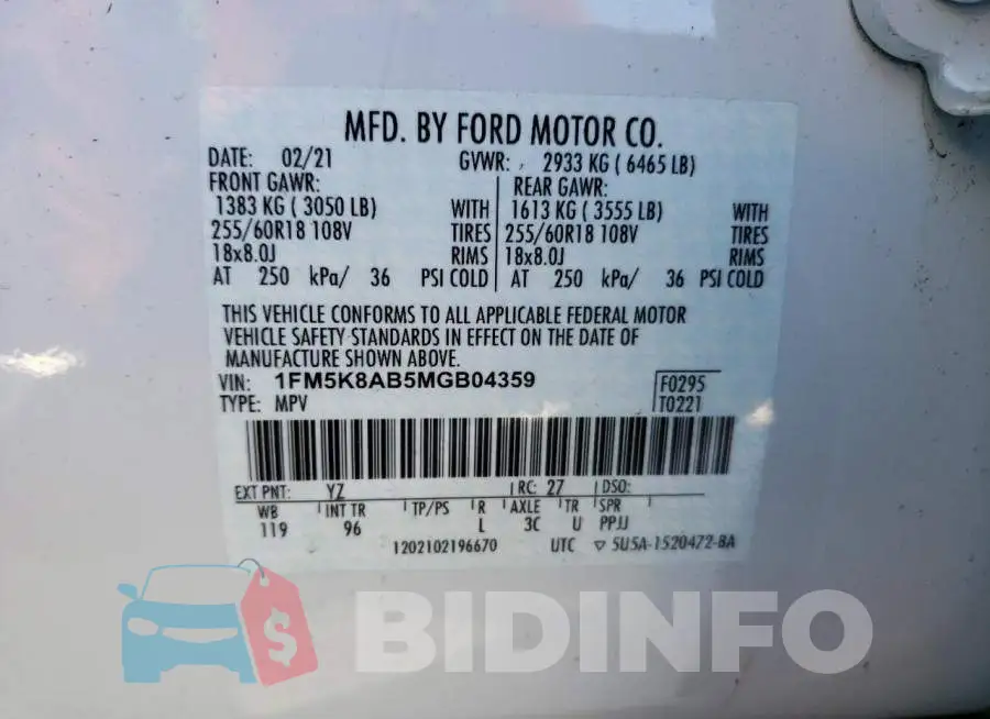 1FM5K8AB5MGB04359 Photo# 14