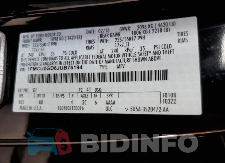 1FMCU0GD6JUB76194 Photo# 13