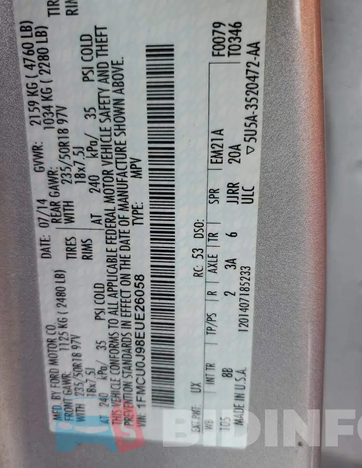 1FMCU0J98EUE26058 Photo# 13