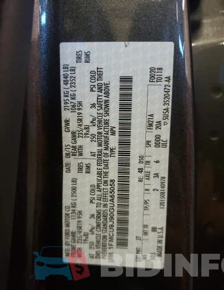 1FMCU9J90GUA65058 Photo# 13