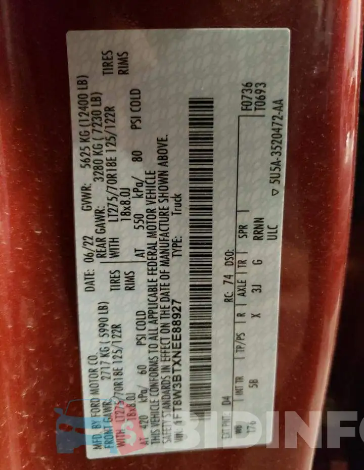 1FT8W3BTXNEE88927 Photo# 10